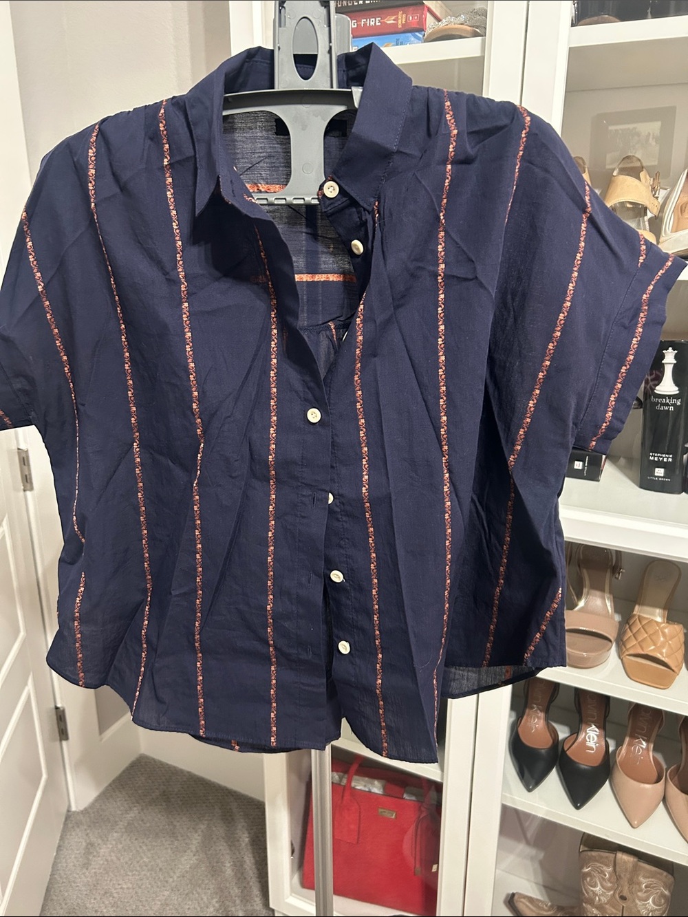 Madewell Navy Striped 100% cotton Short-Sleeve Button-Up Shirt